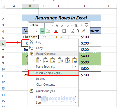 how to rearrange rows in excel by copy