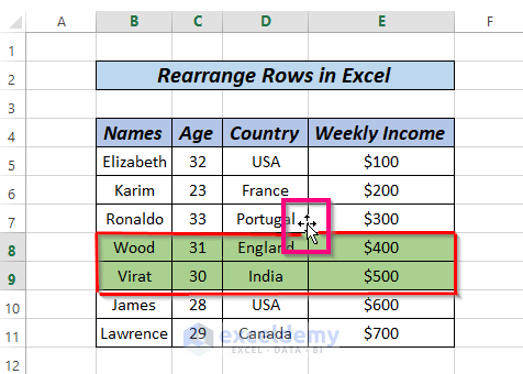 how to rearrange rows in excel by drag and move