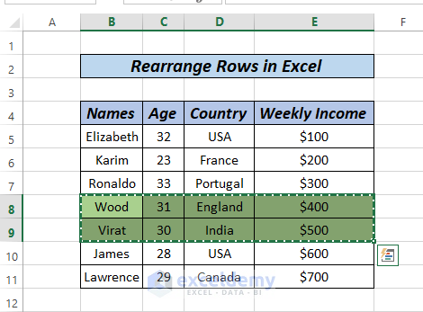 how to rearrange rows in excel by cut and insert