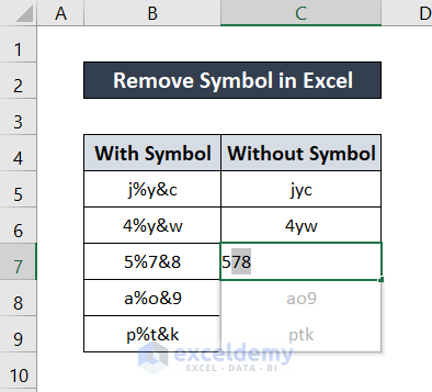 how to remove symbol in excel using flash fill feature