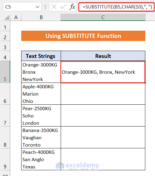 Using SUBSTITUTE Function to Replace Line Break with Comma