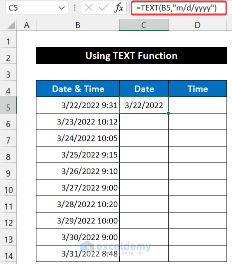 Utilizing TEXT Function to Separate Date and Time