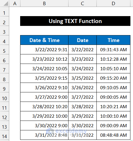Utilizing TEXT Function to Separate Date and Time