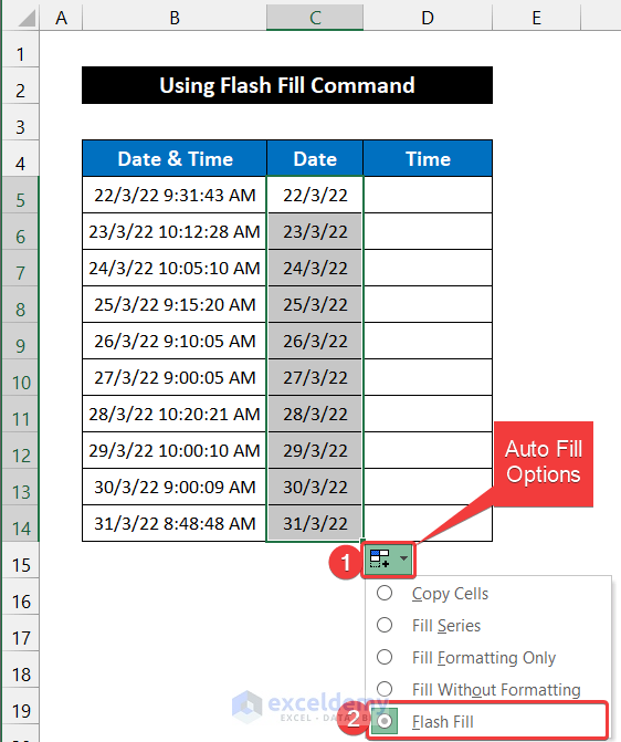 Split Date and Time Using Flash Fill in Excel