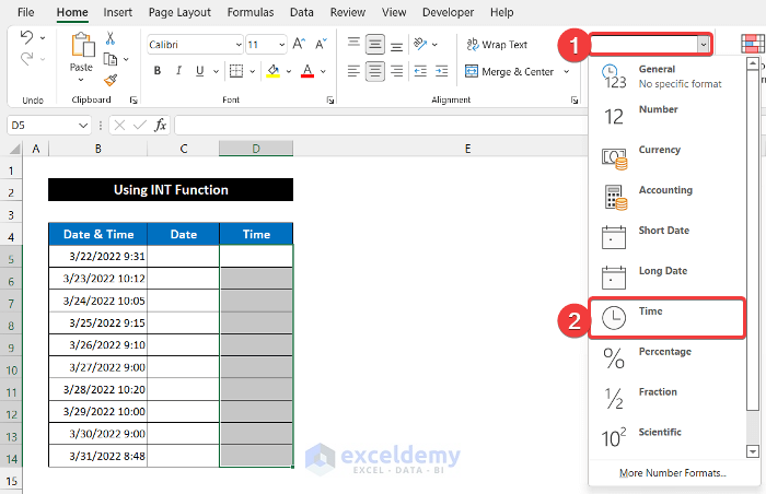 Using INT Function to Separate Date and Time Using Formula in Excel
