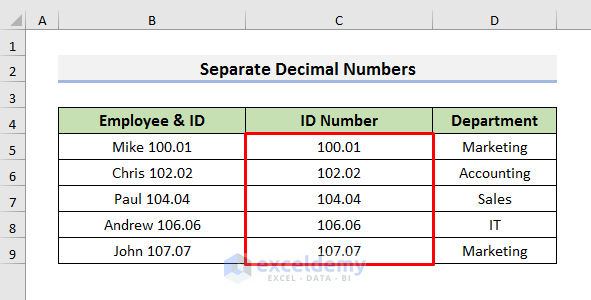 Decimal Numbers Separation in One Cell with Excel Formulas