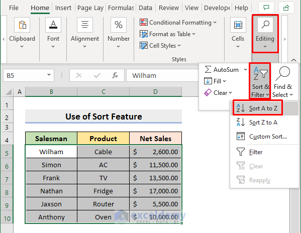 Sort Value in Alphabetical Order in Excel with Sort Feature