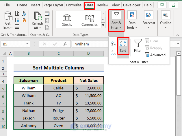 Sort Multiple Columns in Excel