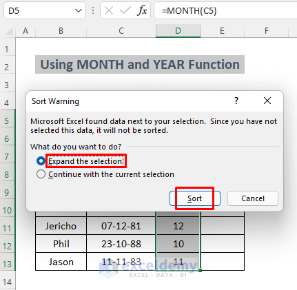 how to sort dates in excel by month and year
