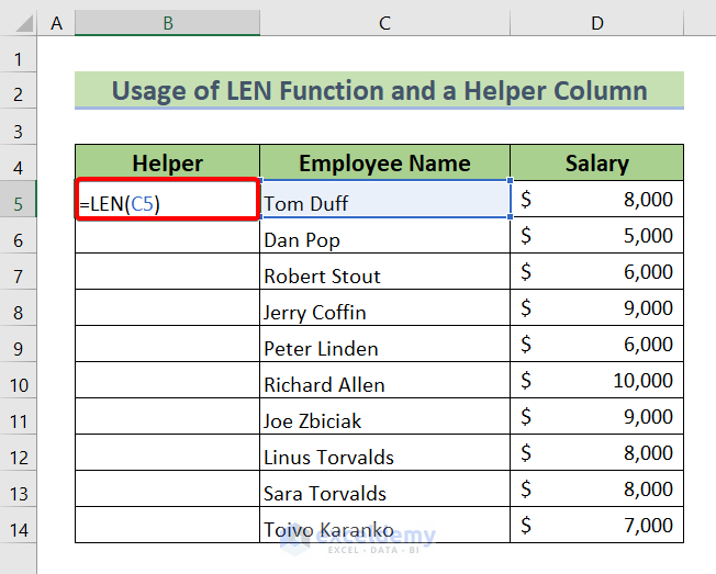 Sort in Excel by Number of Characters with LEN Function
