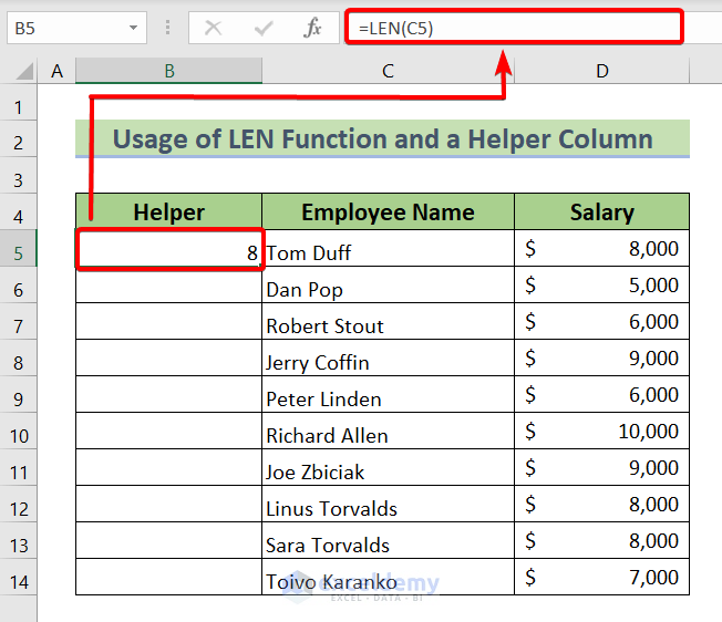 Sort in Excel by Number of Characters with a Helper Column