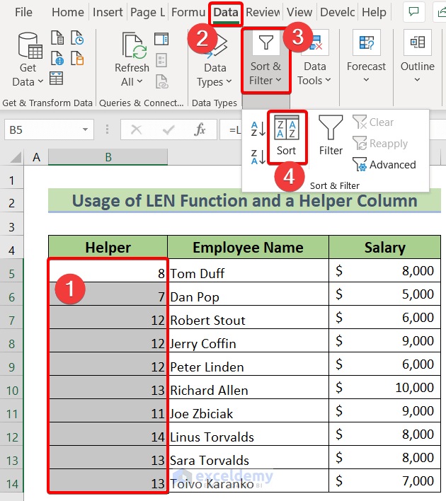 Sort in Excel by Number of Characters