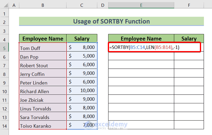 Use SORTBY Function to Sort in Excel by Number of Characters