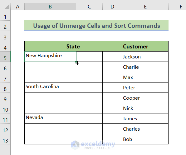 Fill Handle: Sort Merged Cells of Different Sizes Using Unmerge Cells and Sort Command