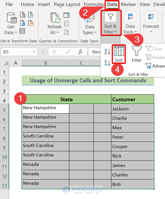 Sort Merged Cells of Different Sizes Using Unmerge Cells and Sort Command