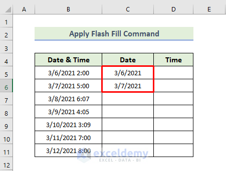 Separate Date and Time Utilizing Flash Fill