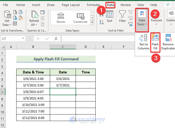 Separate Date and Time Utilizing Flash Fill