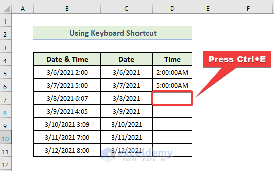 Split Date and Time Through Keyboard Shortcut