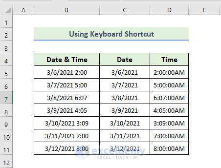 Split Date and Time Through Keyboard Shortcut