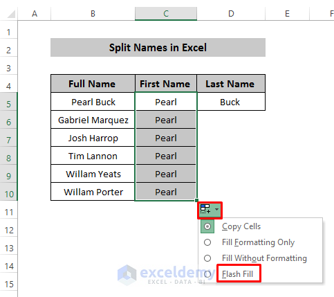 Split Names Using Flash Fill