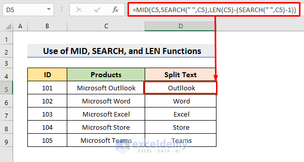 Separate Text with Combination of MID, SEARCH, and LEN Functions