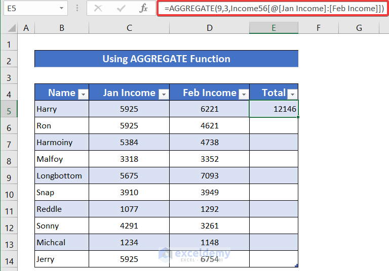 Applying AGGREGATE Function in Excel Table
