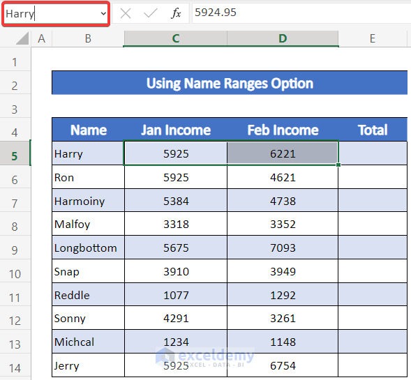 Defining Name Range to Add Columns In Excel