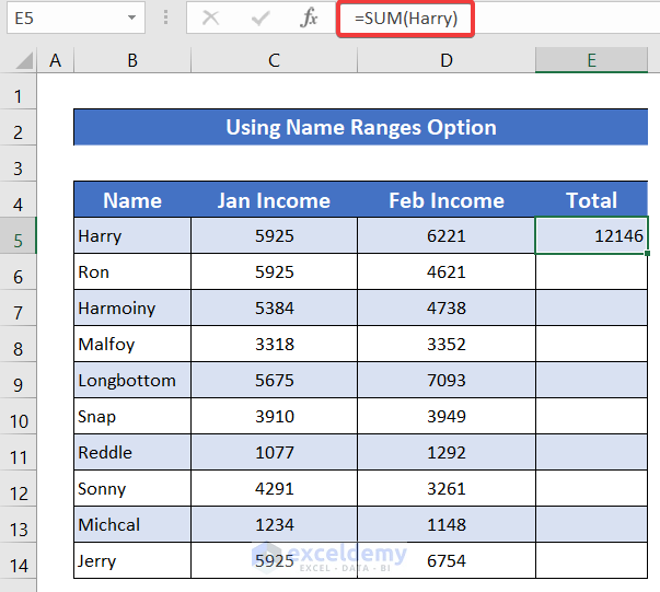 Defining Name Range to Add Columns In Excel