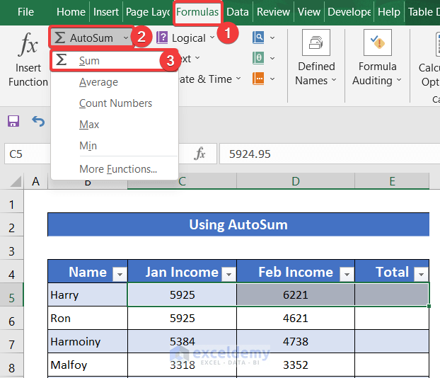 Use of AutoSum Function to Sum Columns in Excel Table