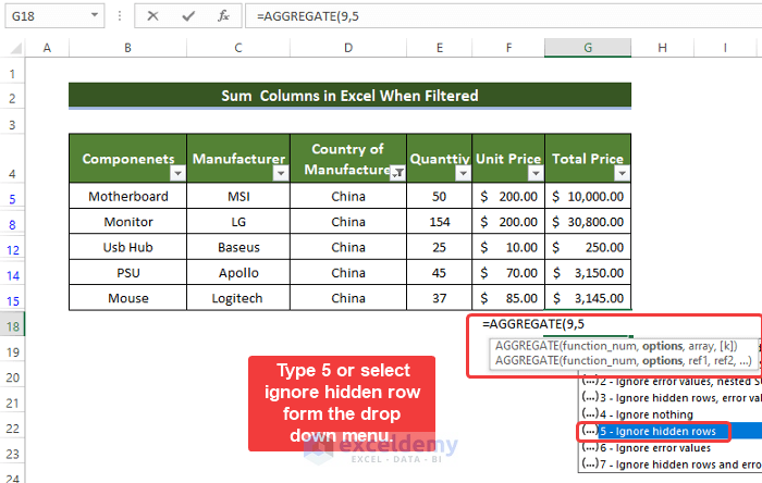Applying Aggregate Function Sum Columns When Filtered