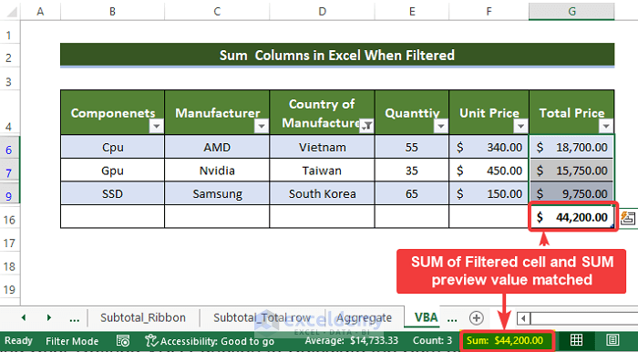 Emebbeding VBA Code to Sum Columns