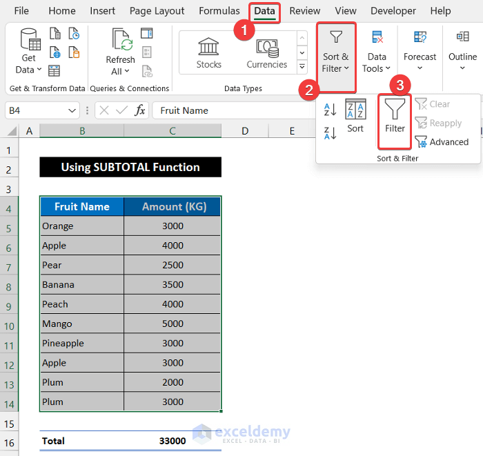 Using SUBTOTAL Function to Sum Filtered Cells in Excel