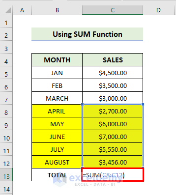 Using SUM Function to Sum Selected Cells