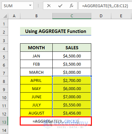 Sum Selected Cells Using AGGREGATE Function