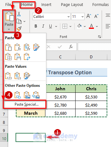Switch Rows and Columns in Excel Chart with Transpose Option from Paste Special Feature