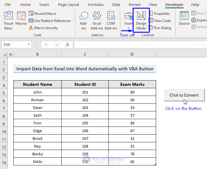 Clicking the button to Import Data from Excel into Word Automatically Using VBA
