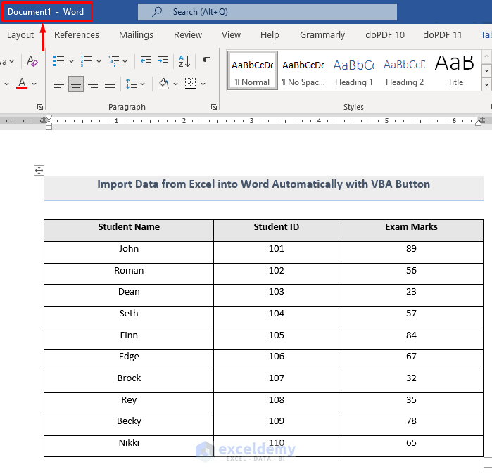Result of Import Data from Excel into Word Automatically Using VBA Button