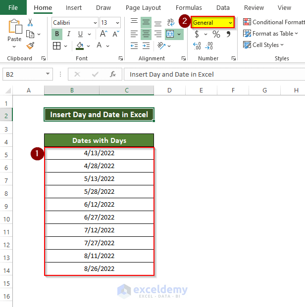 Using Number Formatting in Excel to insert day and date in excel