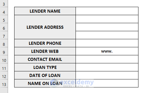 Create Lender’s Information Segment to Calculate Interest Only Amortization in Excel