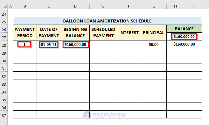 Calculate Interest Only Amortization Schedule with Balloon Payment in Excel Over a Payment Period