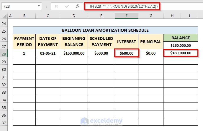 Calculate Interest Only Amortization Schedule with Balloon Payment in Excel Over a Payment Period