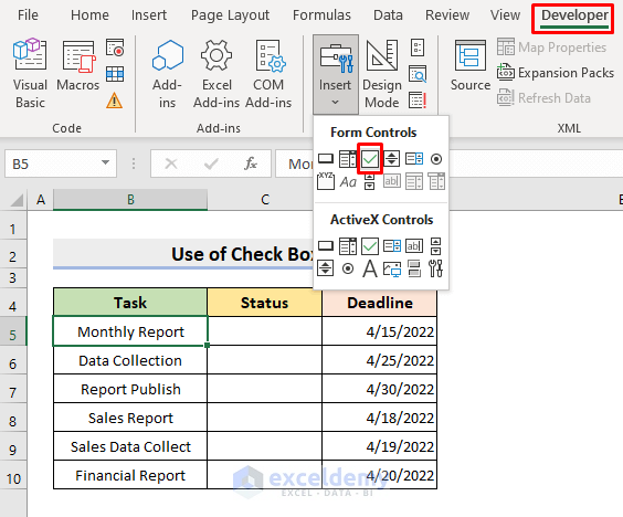 Apply Check Box for Making a To-Do List in Excel