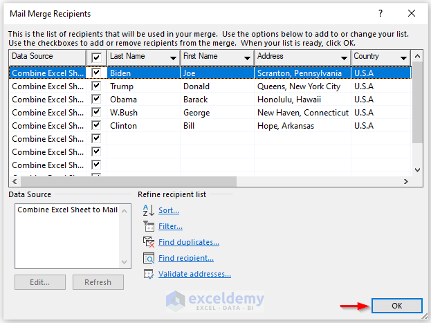Select Recipients to Merge Excel File to Mailing Labels
