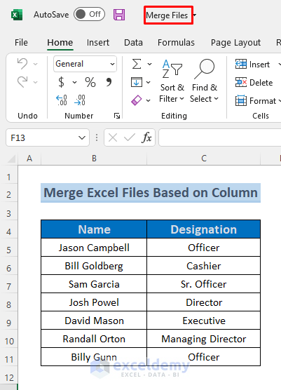 merge excel files based on column
