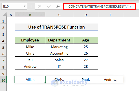 Use TRANSPOSE Function to Combine Rows in Excel with Comma