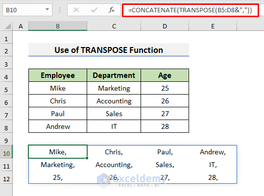 Use TRANSPOSE Function to Combine Rows in Excel with Comma