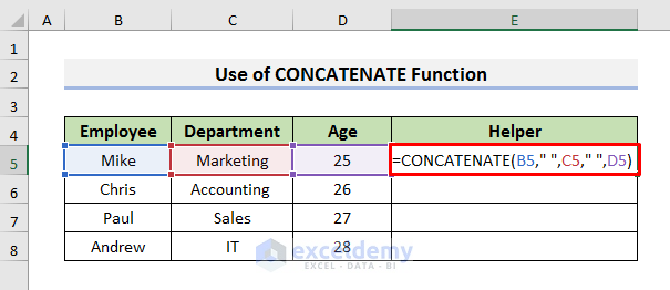 Apply Different Functions to Merge Rows with Comma in Excel