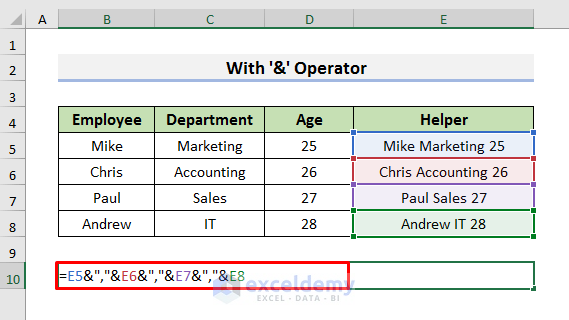 Merge Rows in Excel with Comma Using ‘&’ Operator