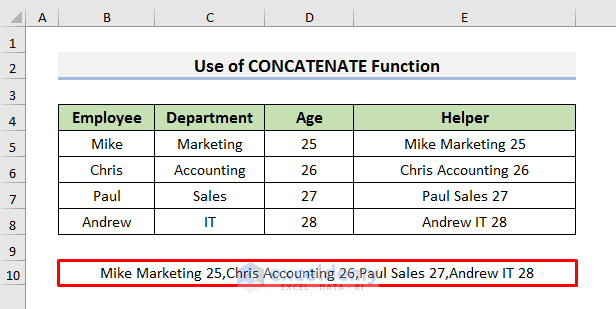 Apply Different Functions to Merge Rows with Comma in Excel
