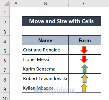 how to move and size with cells in excel